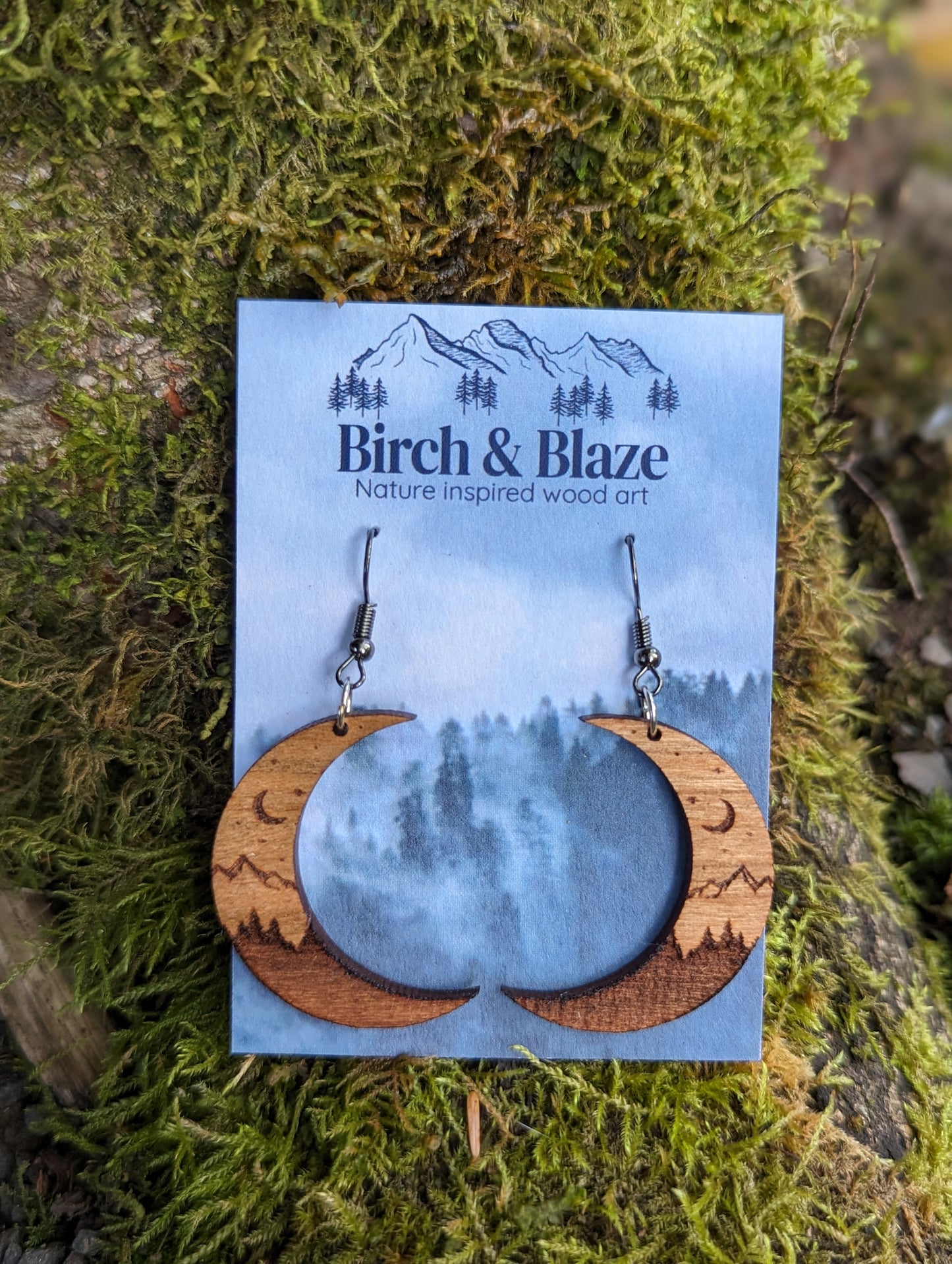 Dangly Wooden Moon Earrings