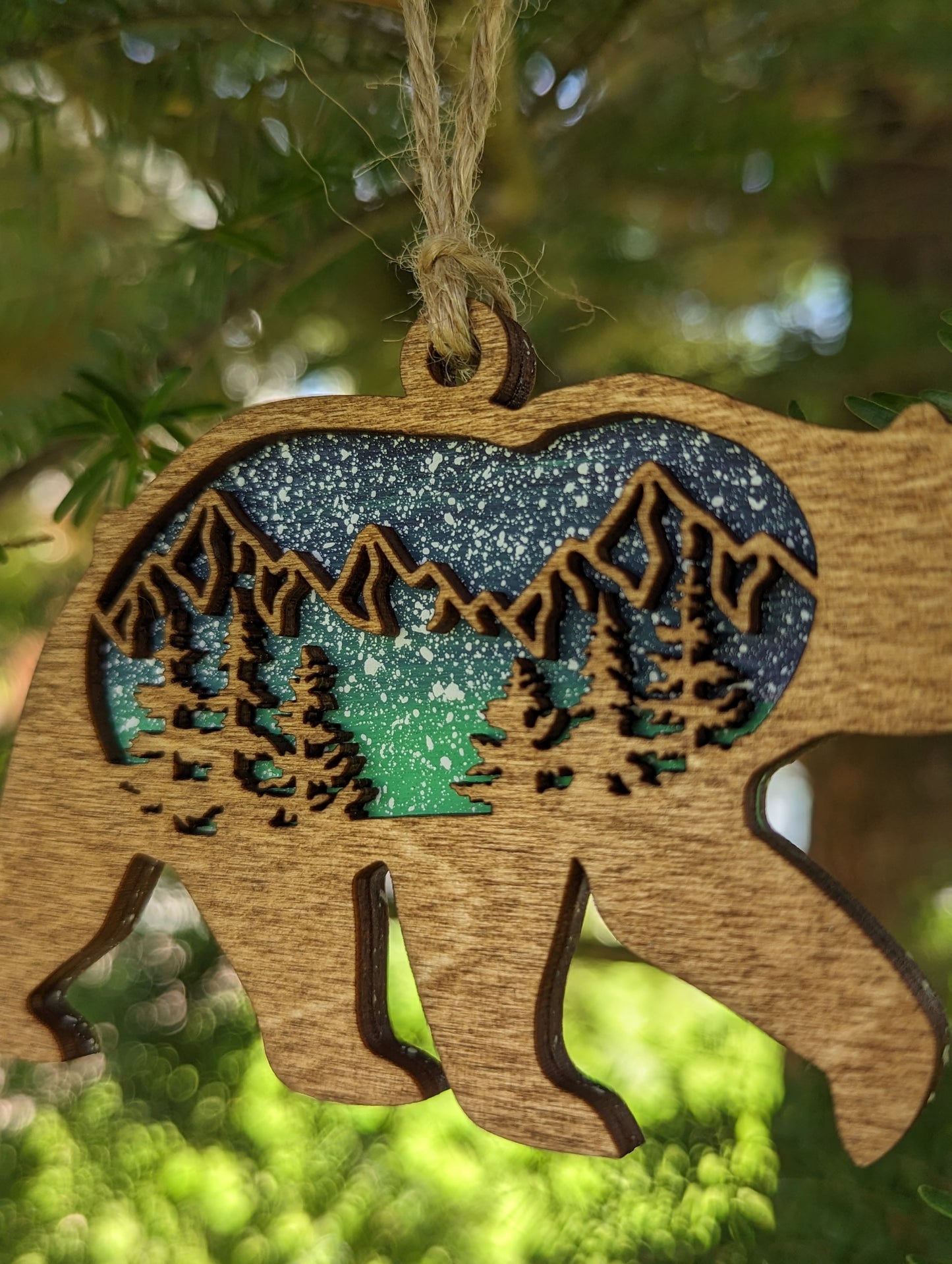 Wooden Northern Lights Bear Christmas Ornament