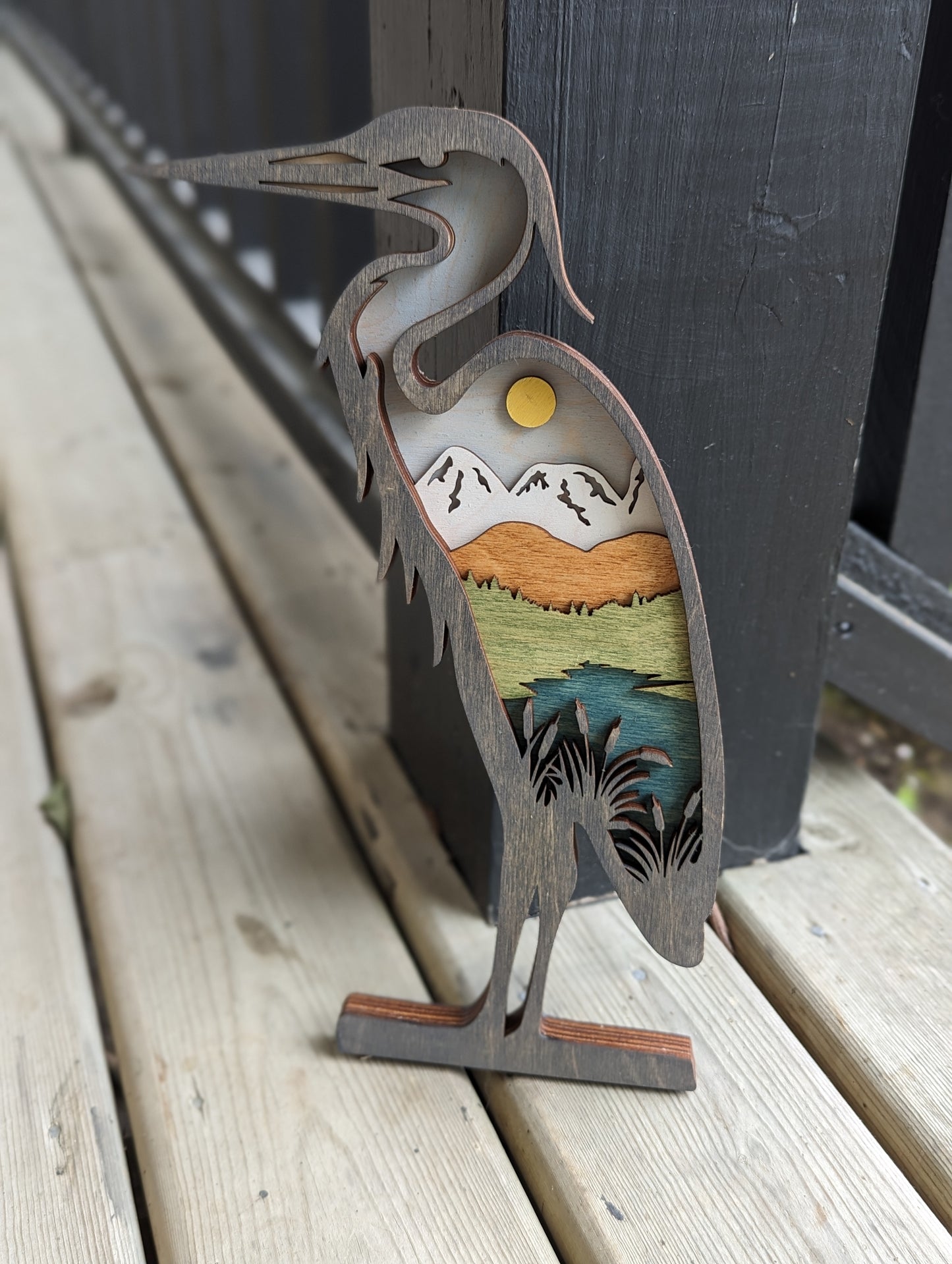 3D Layered Wooden Blue Heron Art / Heron shaped layered mountain scene