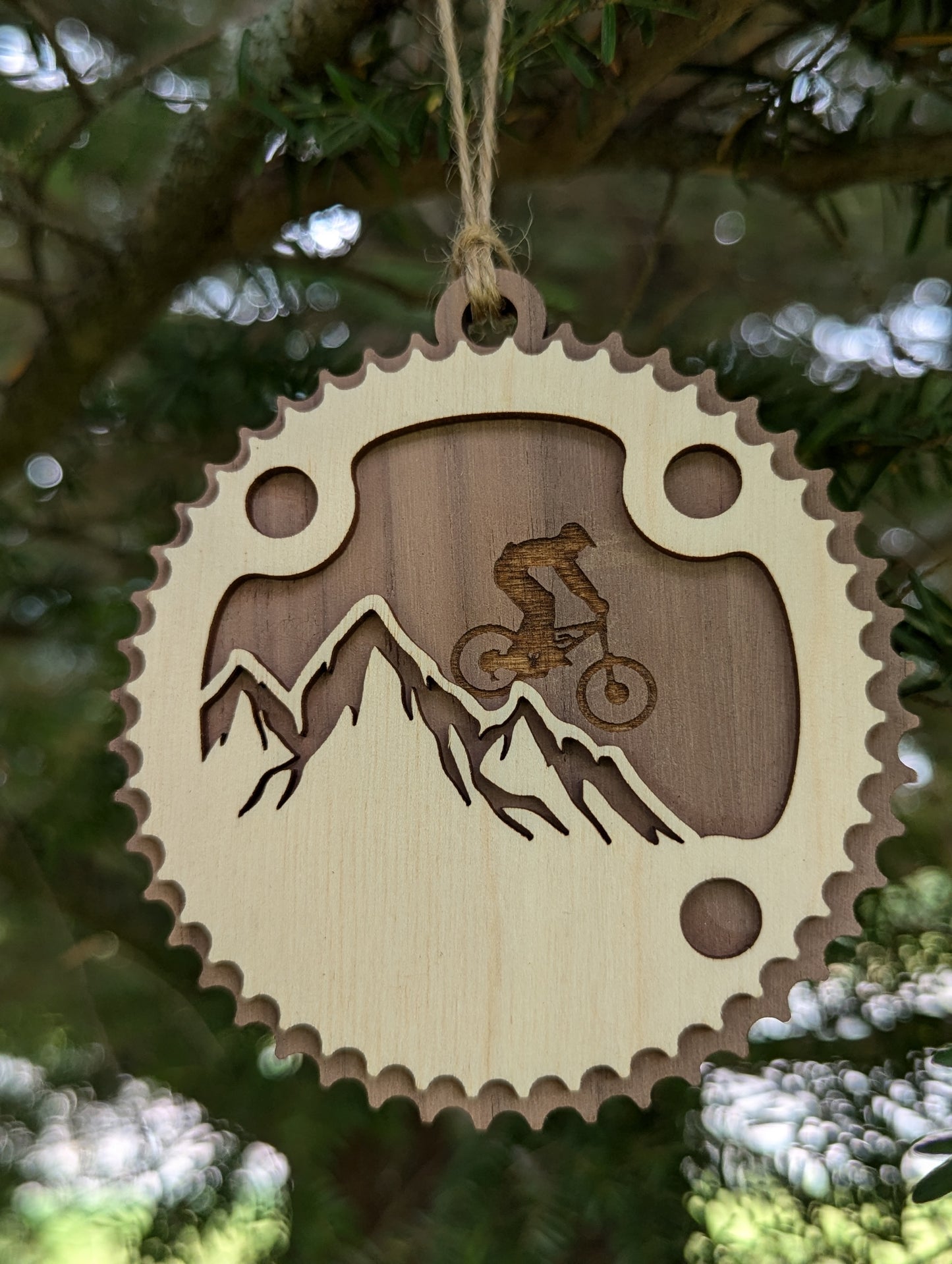 Wooden Mountain Biking Christmas Ornament