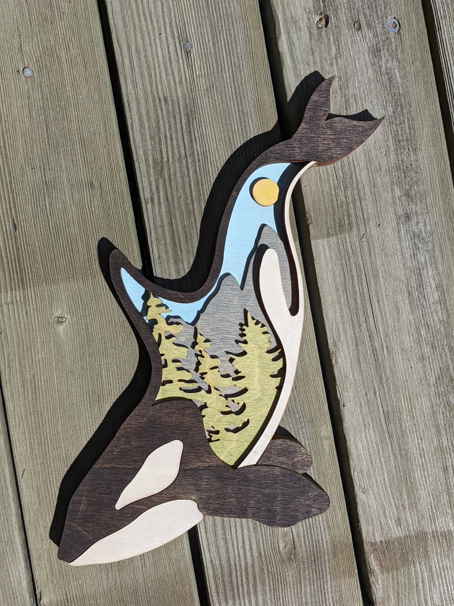 3D Layered Wooden Orca Art / Orca shaped layered mountain scene Artwork 50.00
