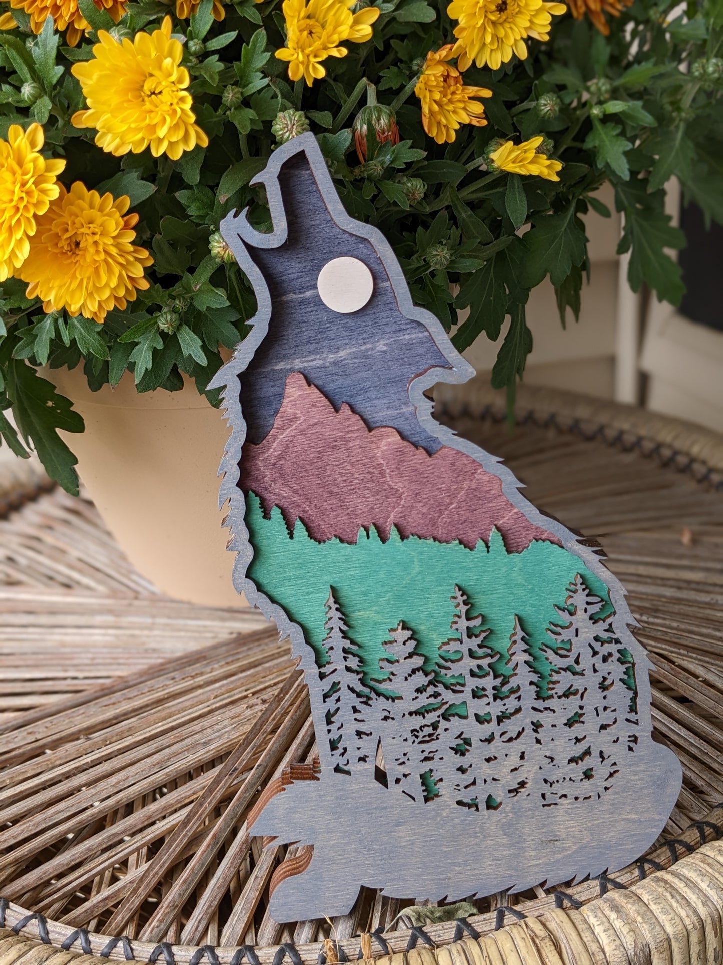3D Layered Wooden Sitting Wolf art / Wolf shaped layered mountain scene Artwork 50.00