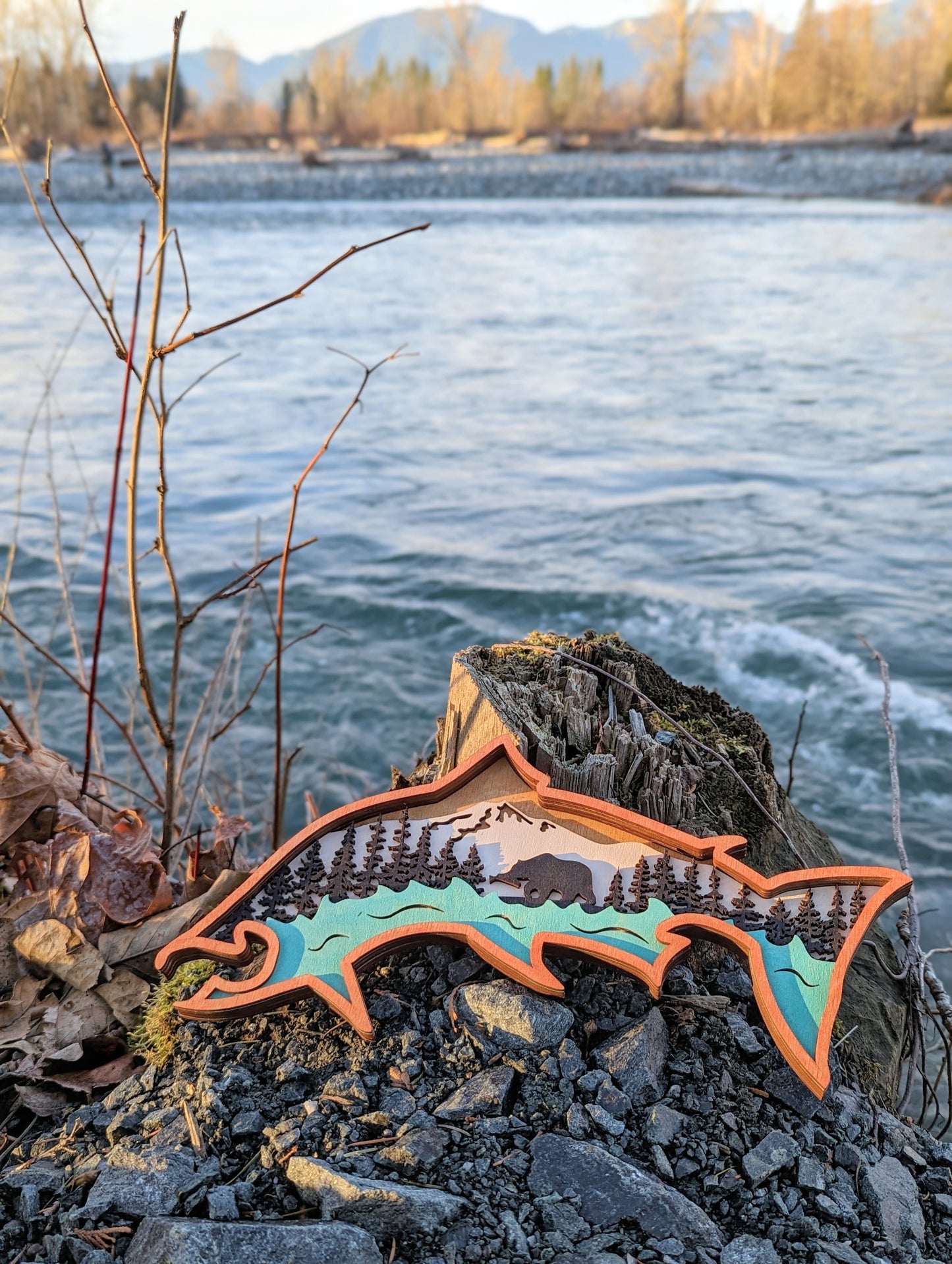 3D Layered Wooden Salmon Art / Salmon shaped layered mountain river scene