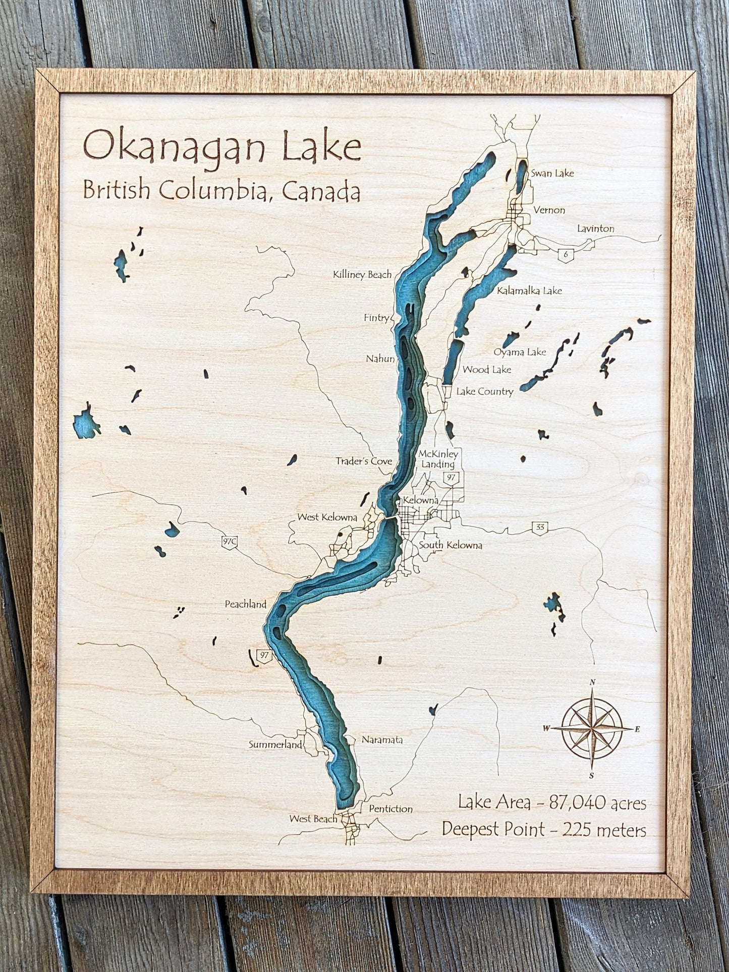 Okanagan Lake Wooden Bathymetric Map