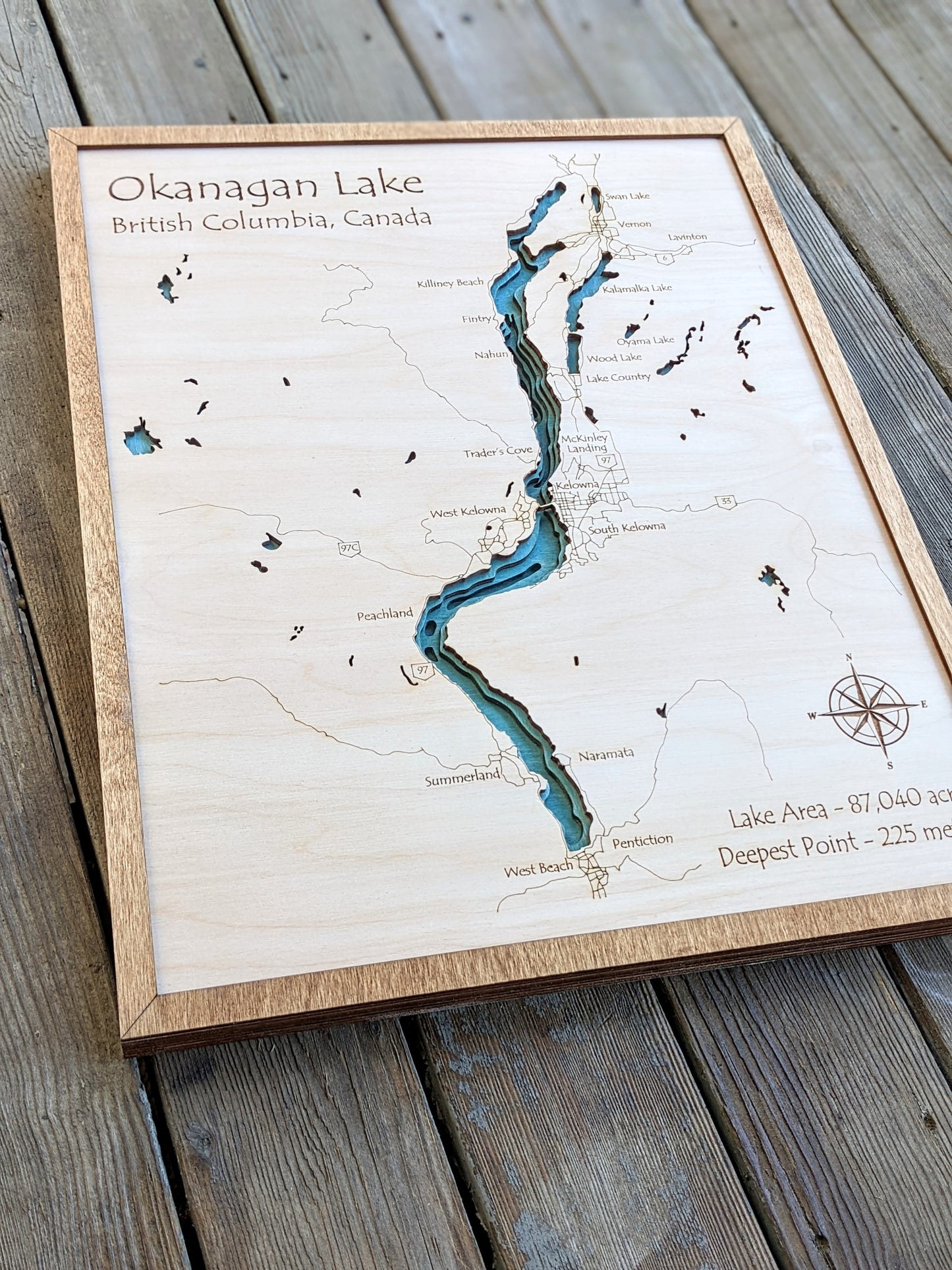 Okanagan Lake Wooden Bathymetric Map