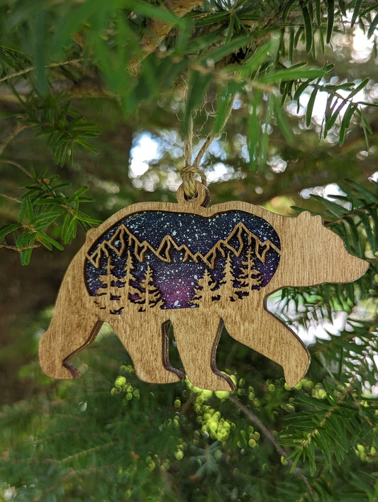 Wooden Northern Lights Bear Christmas Ornament