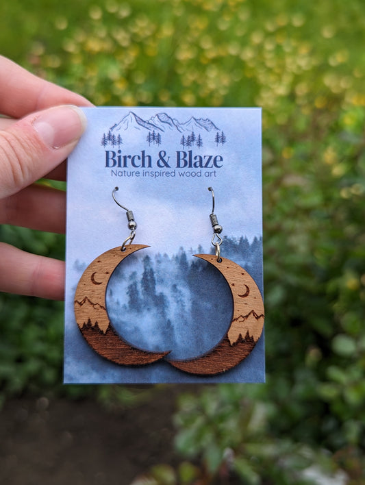 Dangly Wooden Moon Earrings