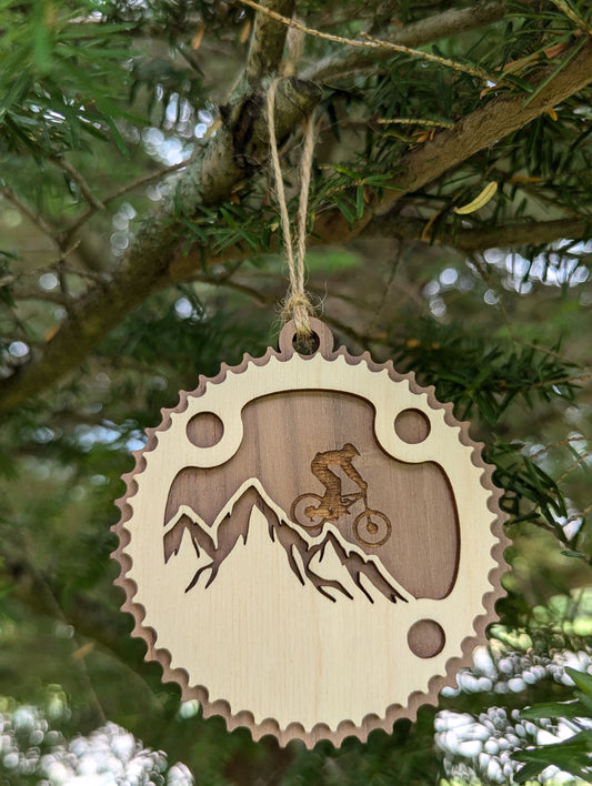 Wooden Mountain Biking Christmas Ornament